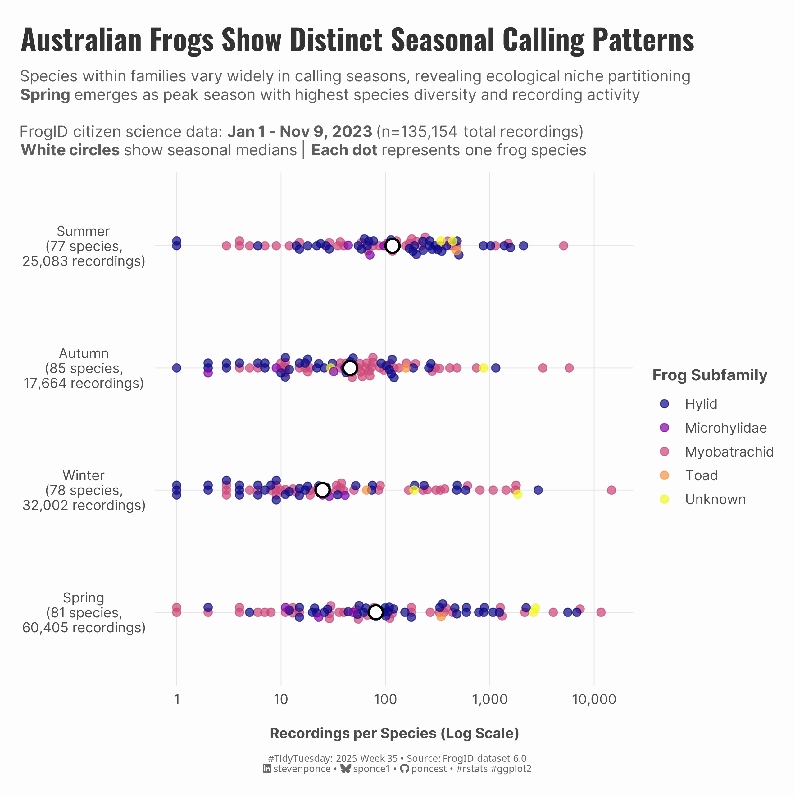 Beeswarm plot showing seasonal patterns of frog calling in Australia. Each colored dot represents the recording frequency of one species, grouped by season (Summer to Spring) on the y-axis and log-scale recordings on the x-axis. White circles mark seasonal medians. Spring shows the highest activity with 81 species and 60,405 recordings, while Winter shows the lowest with 78 species and 32,002 recordings. Colors distinguish five major frog subfamilies (Hylid, Microhylidae, Myobatrachid, Toad, and Unknown), revealing diverse seasonal preferences within these taxonomic groups.